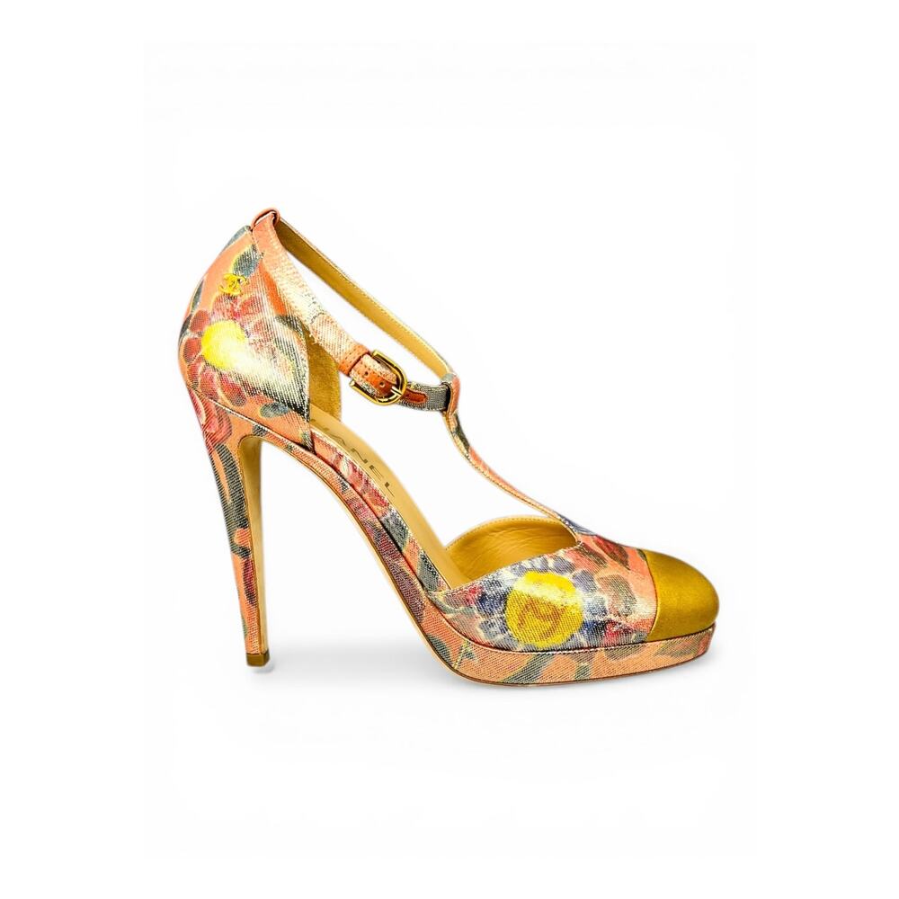 Chanel 2015 Cruise Floral Lamé T Strap Pumps Gold Cap Toe Platform Heels EU 38.5